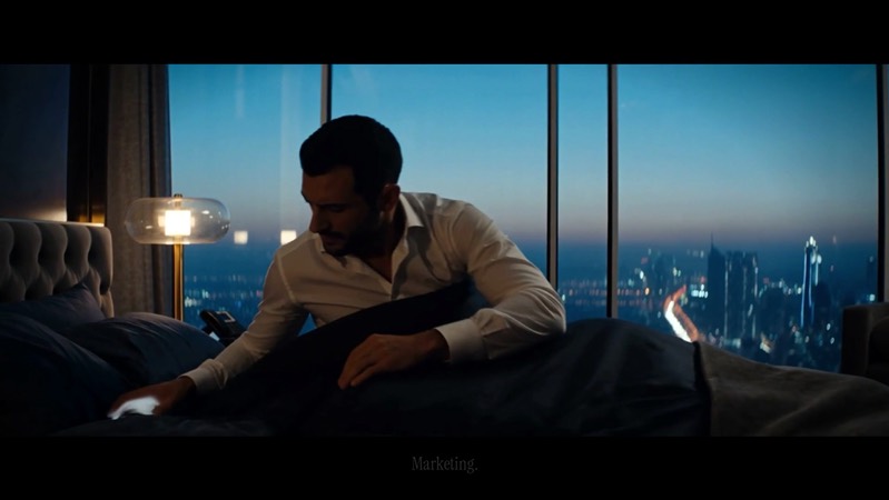 Première image du film SCENA Growth : un homme à la fenêtre, au-dessus de Dubaï au crépuscule
