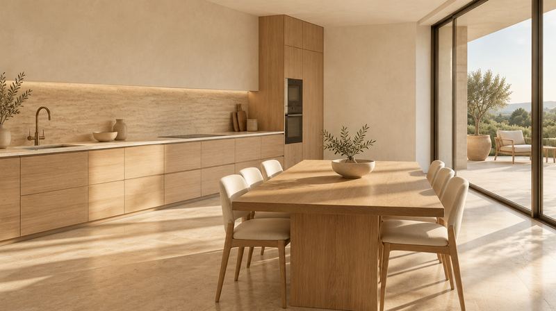 Visualisation de la cuisine en chêne et de la table à manger