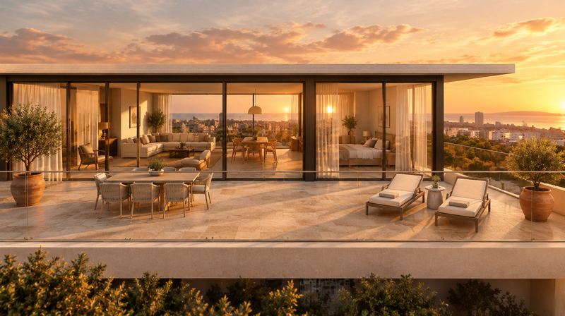Visualisation de la terrasse au coucher du soleil